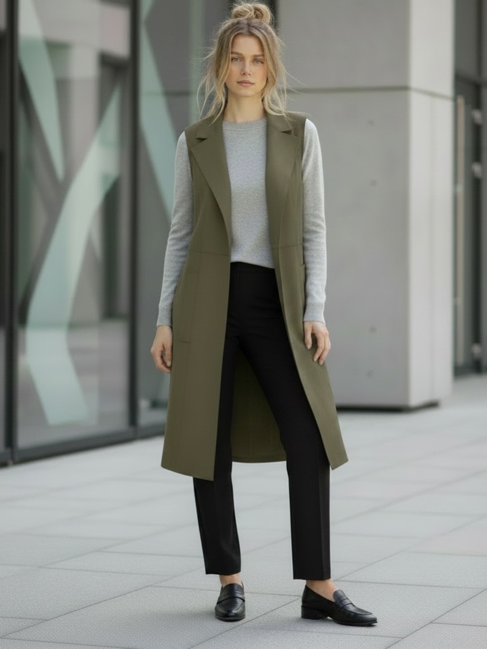 Joan Vass Olive Longline Sleeveless Vest